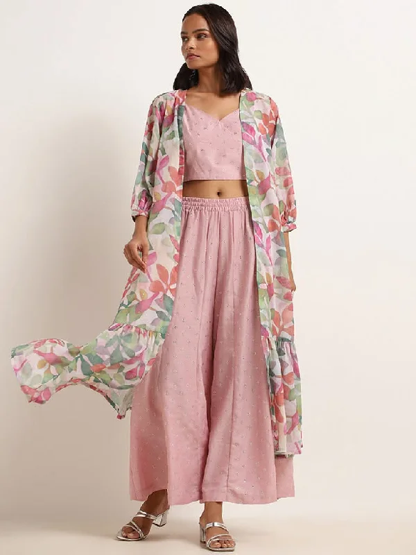 Vark Pink Floral Print Top, Palazzos & Jacket Set Denim Jacket Leather Jacket Suede Jacket Vark Pink Floral Print Top, Palazzos & Jacket Set Denim Jacket Leather Jacket Suede Jacket