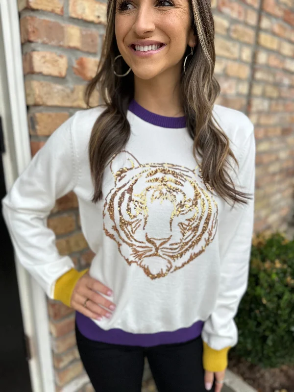 Tiger Head Long Sleeve Sweater- White Silk Blend Satin Velvet