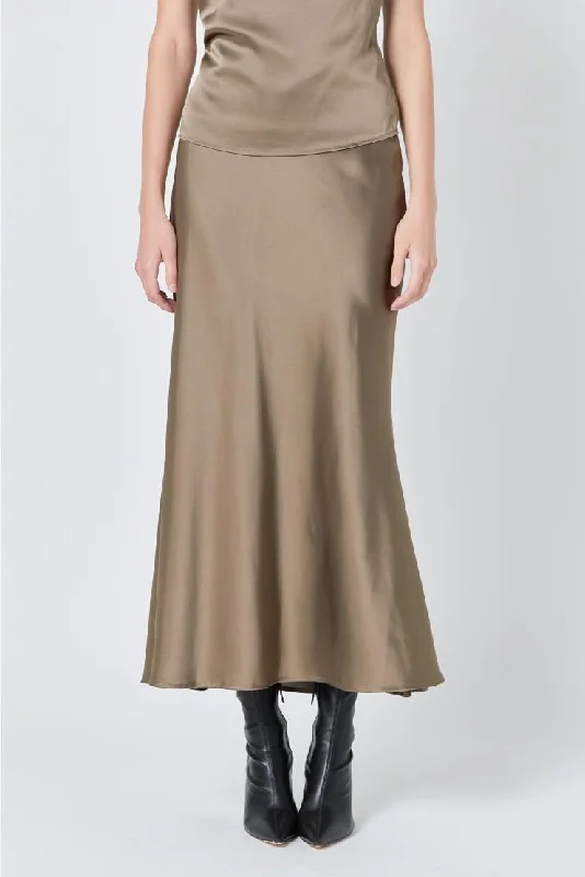 Shante Brown Satin Maxi Skirt - Mocha pleated skirt texture
