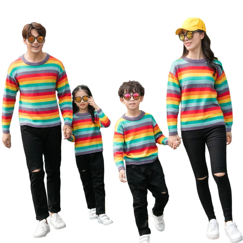 Family Matching Rainbow Striped Sweater Satin Fabric Silk Fabric Chiffon Fabric