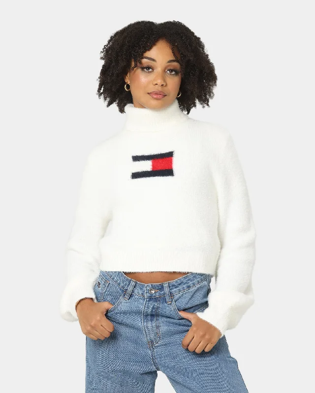 Tommy Jeans Women's TJW Crop Furry Flag Sweater Ecru Ribbed Striped Patterned
