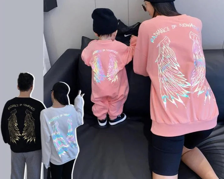 Family Matching Colorful Wings Sweater Denim Fabric Leather Fabric Suede Fabric