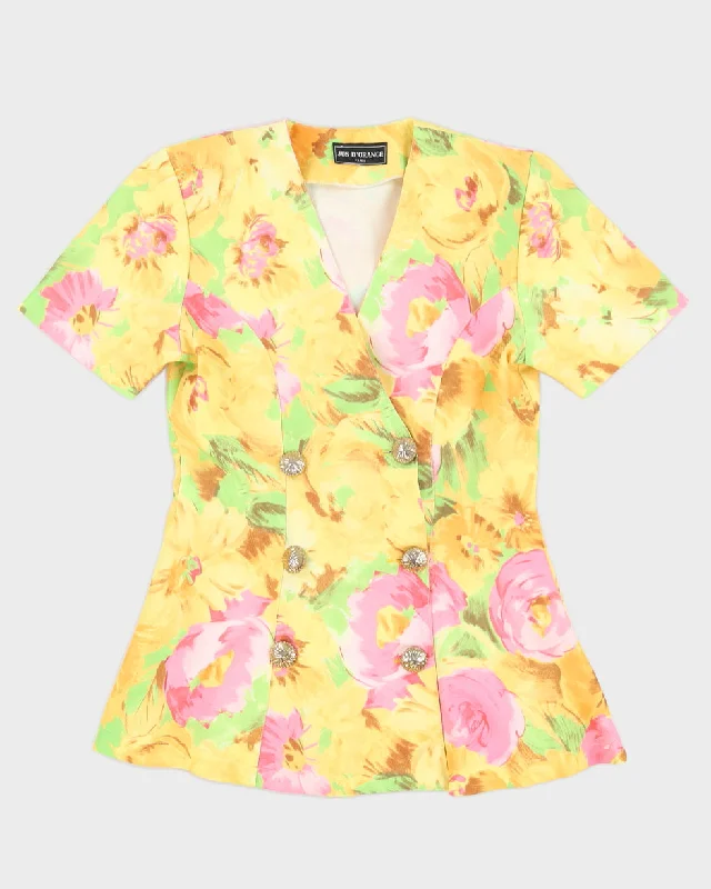 00s Yellow Floral Short Sleeve Blazer Jacket - M Fleece Jacket Down Jacket Feather Jacket