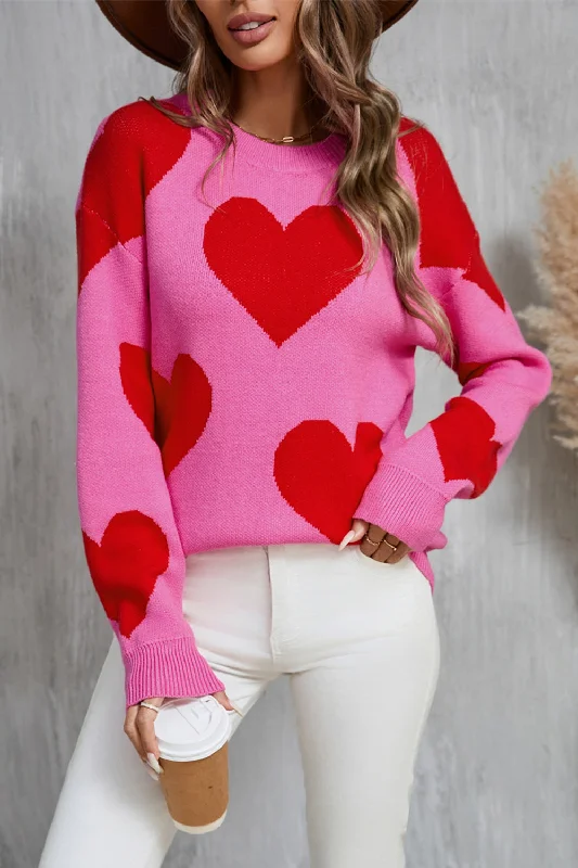 Gina Contrast Heart Dropped Shoulder Long Sleeve Sweater Thin Thick Dense