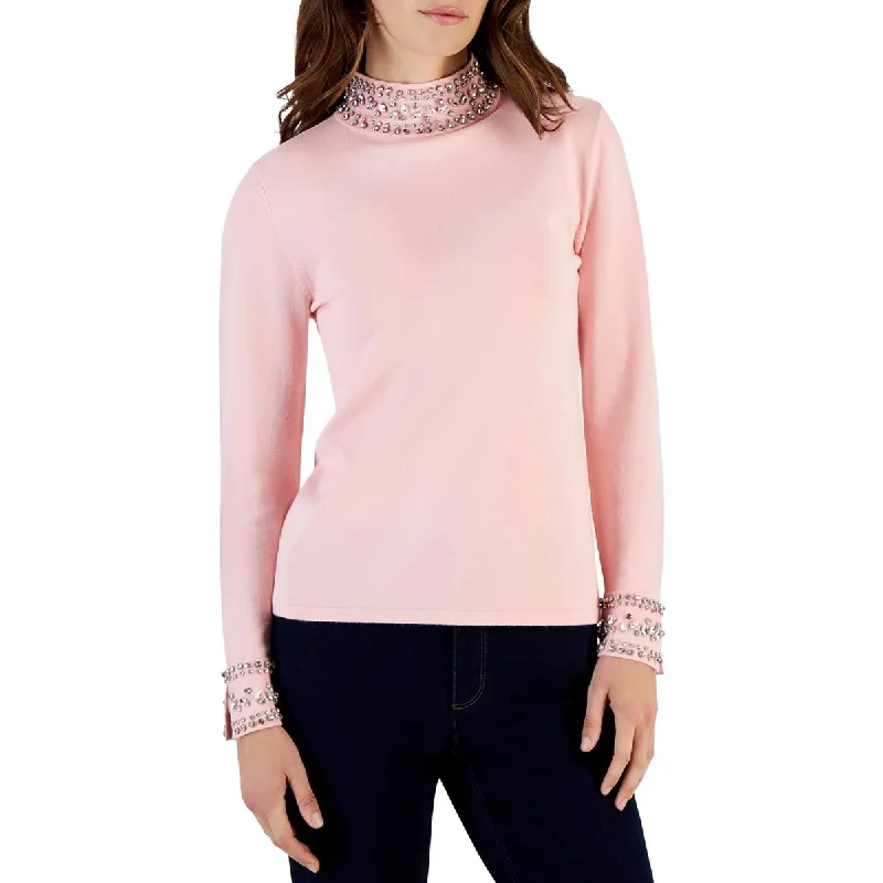 Anne Klein Womens Rhinestone Knit Mock Turtleneck Sweater Sequined Glittery Shiny