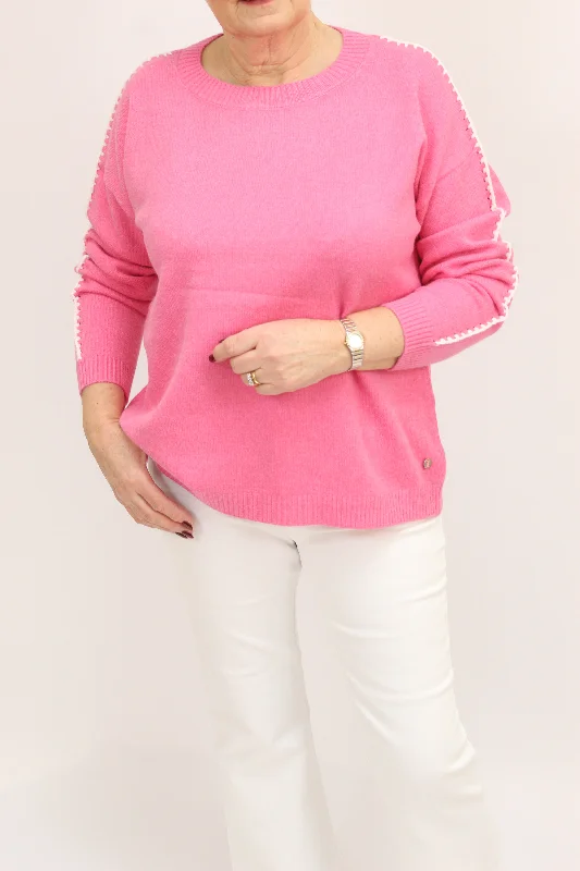 FRIEDA & FREDDIES Pink White Stitch Sweater Terry Blend Velvet Blend Canvas Blend