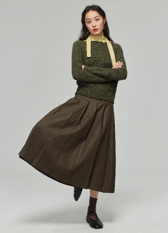 Dark Brown Pinstriped Pleated Midi Skirt velvet skirt plush