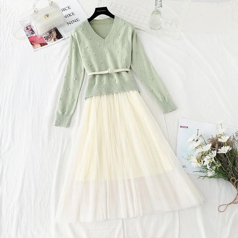 New gentle sweater with mesh suspender skirt two-piece set  4739 Cashmere Blend Cotton Blend Poly Blend