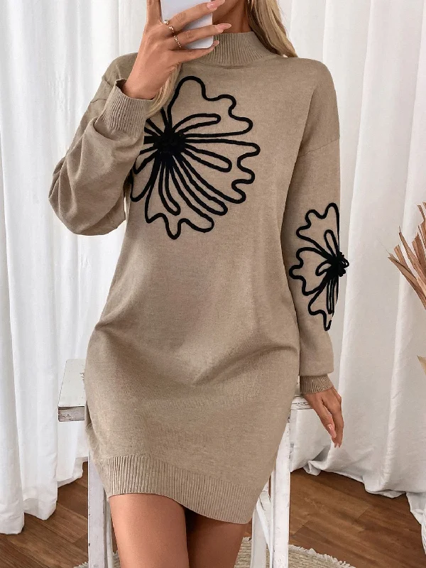 Flower Mock Neck Long Sleeve Sweater Dress Ribbed Striped Patterned
