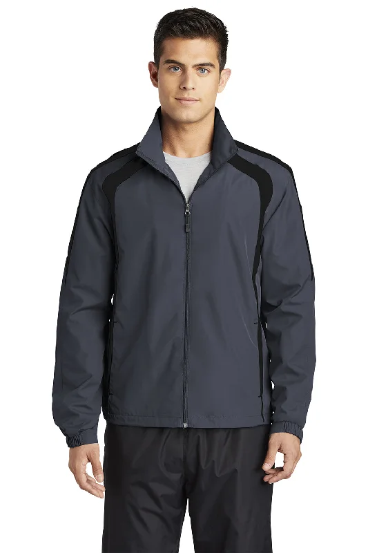 Sport-Tek Mens Water Resistant Full Zip Jacket - Graphite Grey/Black Zip Front Button Front Snap Front Sport-Tek Mens Water Resistant Full Zip Jacket - Graphite Grey/Black Zip Front Button Front Snap Front