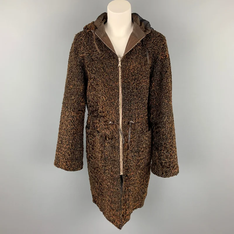 VINTAGE Size M Brown Stripe Astrakhan Fur Reversible Hooded Jacket Satin Jacket Silk Jacket Chiffon Jacket VINTAGE Size M Brown Stripe Astrakhan Fur Reversible Hooded Jacket Satin Jacket Silk Jacket Chiffon Jacket