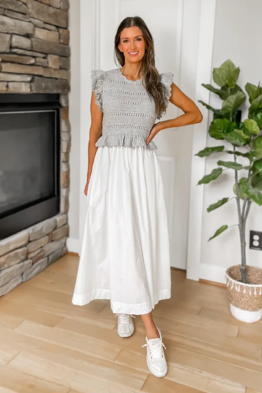 Timeless Ruffle Sleeve Sweater Dress - Grey and White Mesh Fabric Canvas Fabric Denim Fabric Timeless Ruffle Sleeve Sweater Dress - Grey and White Mesh Fabric Canvas Fabric Denim Fabric