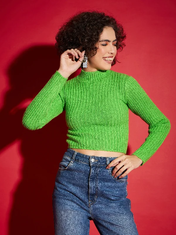Women Green Rib High Neck Full Sleeves Sweater Cashmere Blend Cotton Blend Poly Blend
