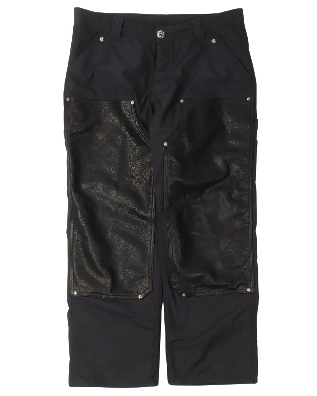 Leather Double Knee Nylon Carpenter Pants Casual Drawstring Pants
