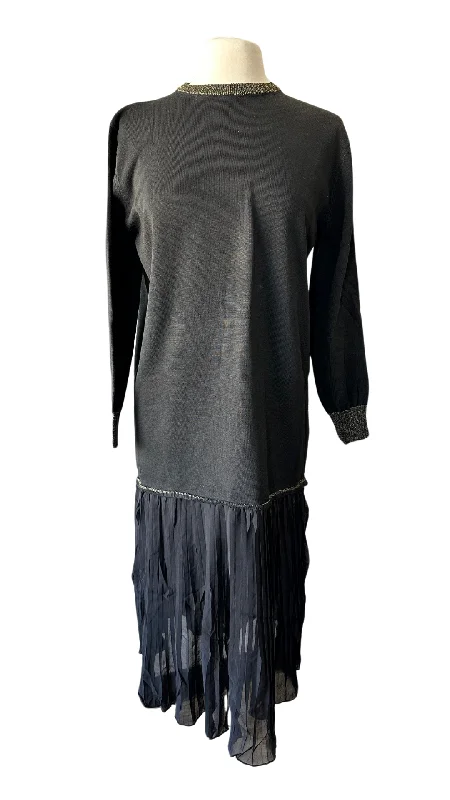 Black & Gold Pleated Sweater Dress Zippered Front Buttoned Front Snap Front
