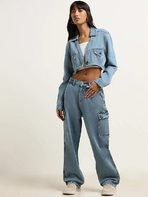 Nuon Blue Denim Cropped Jacket Knit Fabric Woven Fabric Fleece Fabric