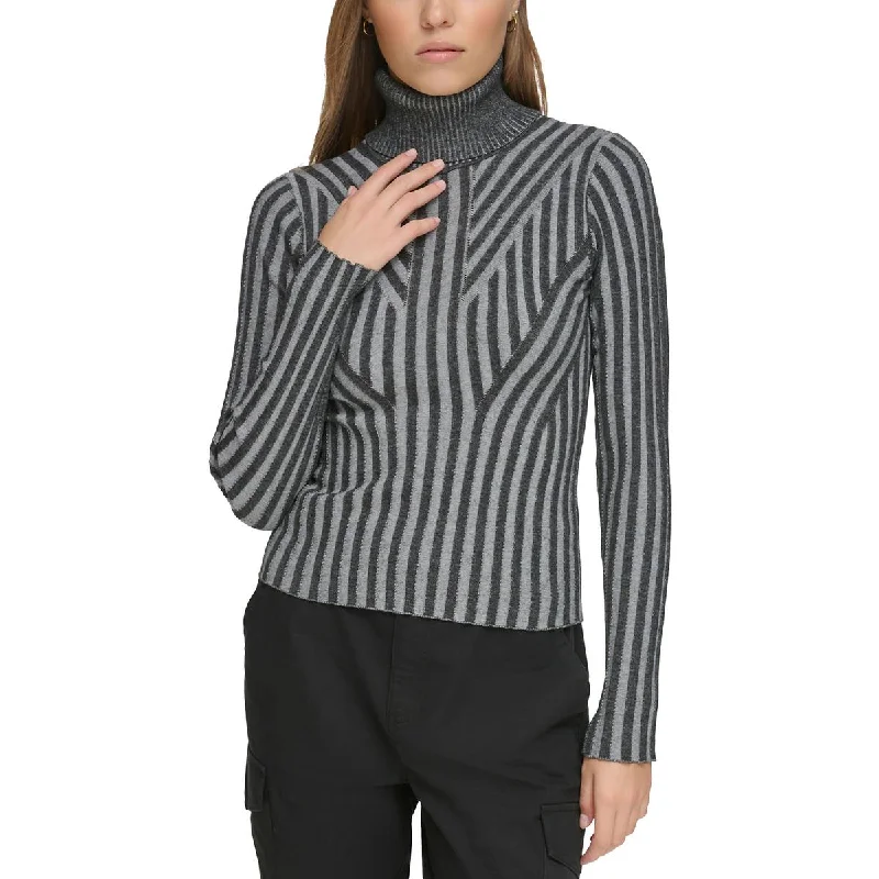 DKNY Jeans Womens Ribbed Cotton Turtleneck Sweater Ribbed Striped Patterned
