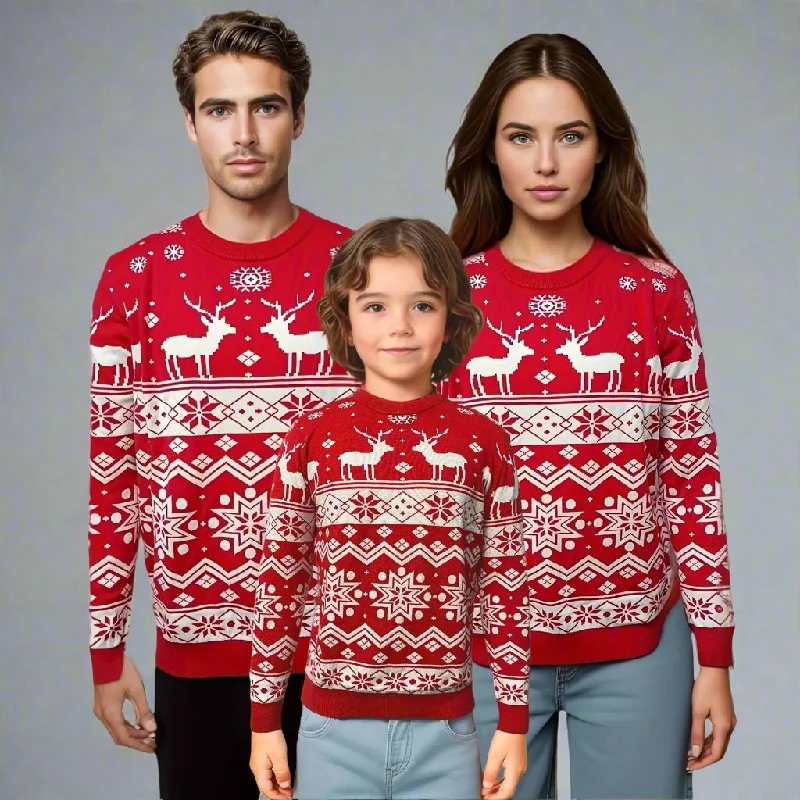 Matching Family Christmas Sweaters – Festive Red with Reindeer and Snowflake Pattern Collared Crew Neck Turtle Neck