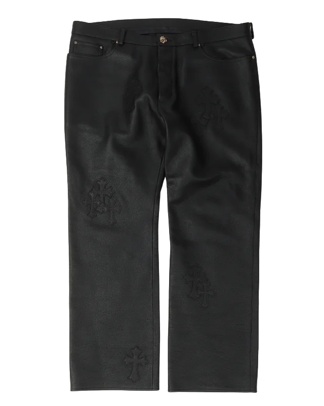 Leather Cross Patch Pants Comfortable Jogger Trousers