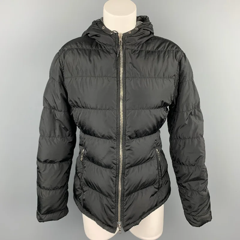 PRADA Size 6 Black Quilted Nylon Hooded Jacket Denim Jacket Leather Jacket Suede Jacket PRADA Size 6 Black Quilted Nylon Hooded Jacket Denim Jacket Leather Jacket Suede Jacket