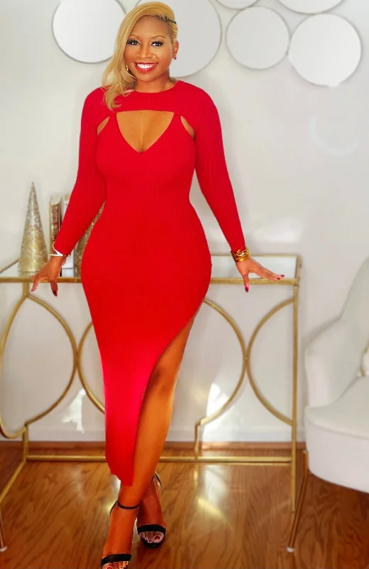 Your Move- Red Sweater Dress with Thigh Split Boxy Sweater Fitted Sweater A-Line