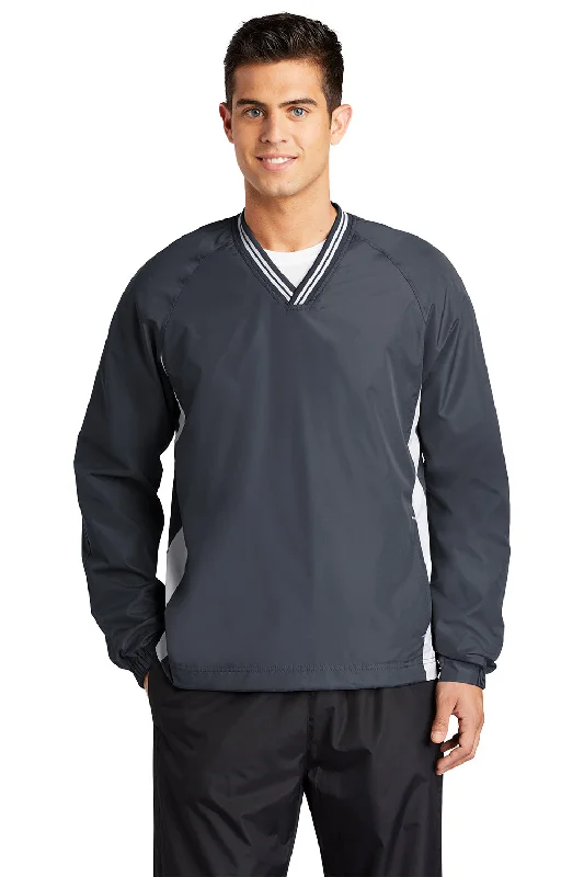 Sport-Tek Mens Water Resistant V-Neck Jacket - Graphite Grey/White Knit Fabric Woven Fabric Fleece Fabric