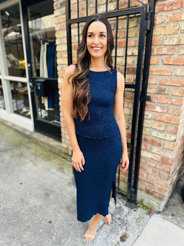 Lost Borders Popcorn Midi Skirt- Navy maxi skirt elegant