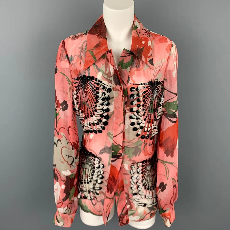 CAROLINA HERRERA Size 10 Pink Beaded Feather Silk Buttoned Jacket Herringbone Jacket Checkered Jacket Solid Jacket