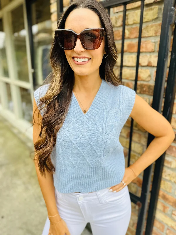 Clarke Cable Knit Sweater Vest- Sky Blue Rayon Fabric Velvet Fabric Corduroy Fabric