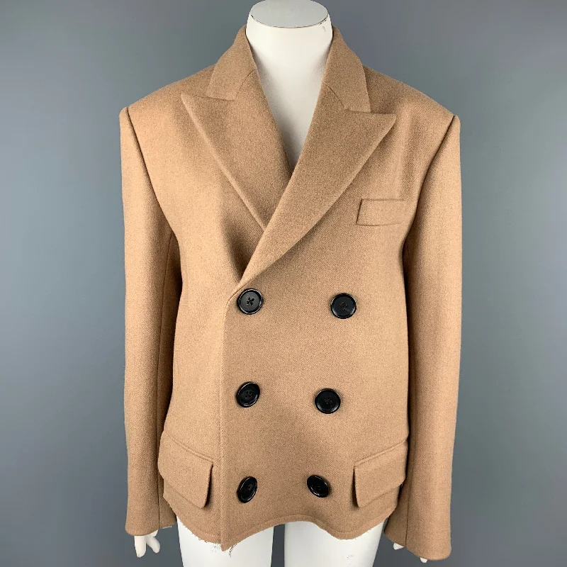 MERYL ROGGE Size 6 Camel Twill Wool Double Breasted Jacket Zippered Front Buttoned Front Snap Front MERYL ROGGE Size 6 Camel Twill Wool Double Breasted Jacket Zippered Front Buttoned Front Snap Front