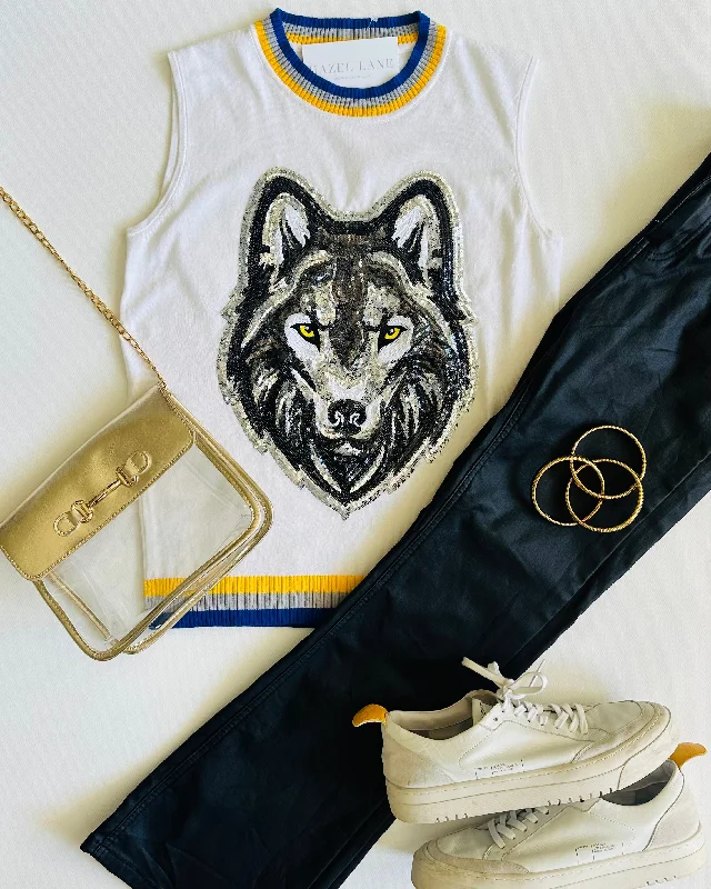 Wolf Head Sweater Tank- White Seamless Knitted Crochet