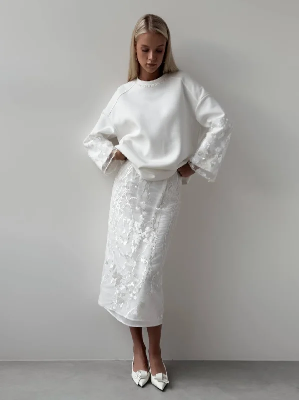 Embroidered White Midi Skirt lace skirt intricate