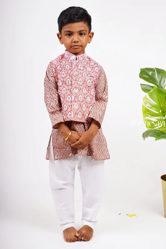 Ajrak Block Printed Kurtha with Printed Jacket Pant Set for Boys A-Line Jacket Boat Neck Shawl Collar Ajrak Block Printed Kurtha with Printed Jacket Pant Set for Boys A-Line Jacket Boat Neck Shawl Collar