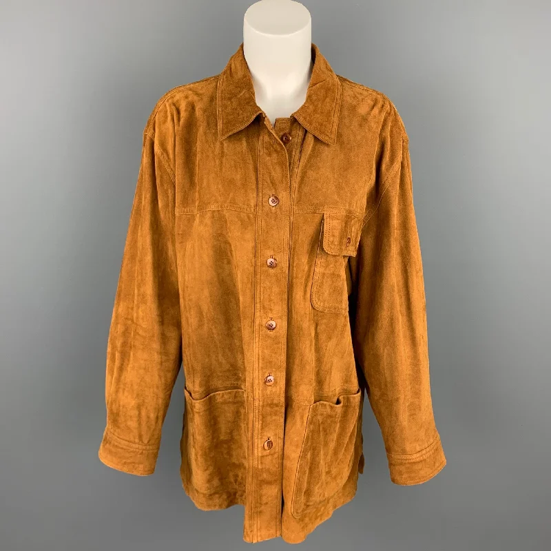 YORK Size 12 Camel Suede Patch Pockets Buttoned Jacket Hooded Jacket Caped Jacket Shawl Collar Jacket YORK Size 12 Camel Suede Patch Pockets Buttoned Jacket Hooded Jacket Caped Jacket Shawl Collar Jacket