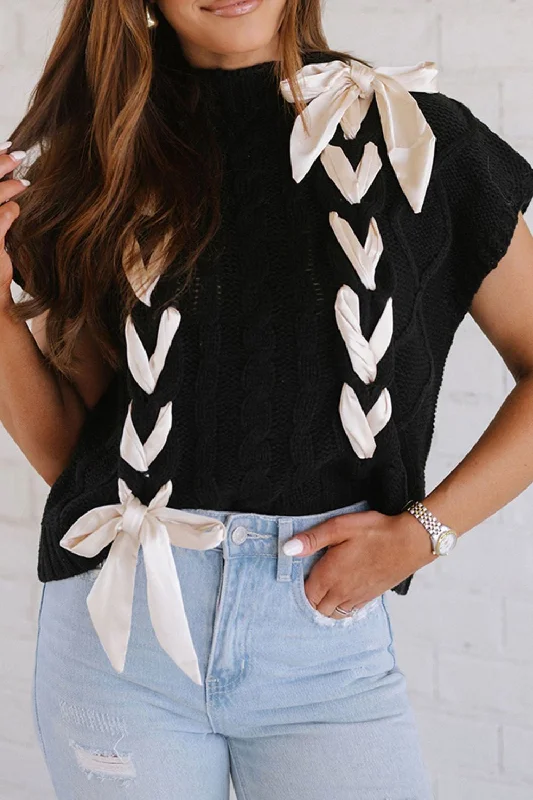 Luna Lace-Up Mock Neck Short Sleeve Sweater Fleece Sweater Nylon Polyester