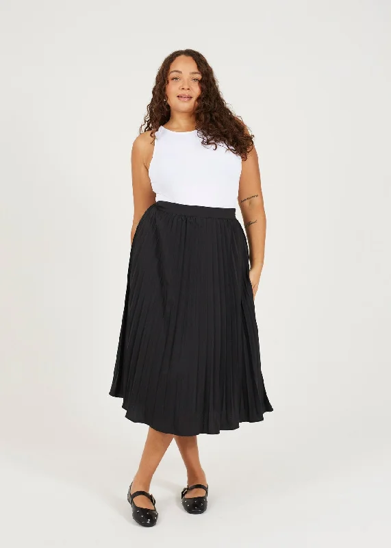 PLUS SIZE BLACK PLEATED MIDI SKIRT silk skirt lustrous