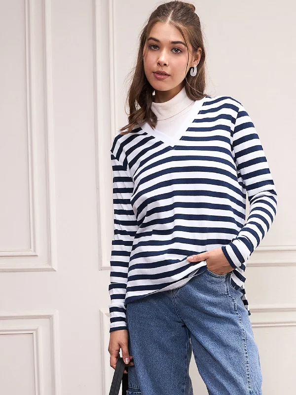 Women Navy & White Striped Sweater Wool Fabric Cashmere Fabric Tweed Fabric