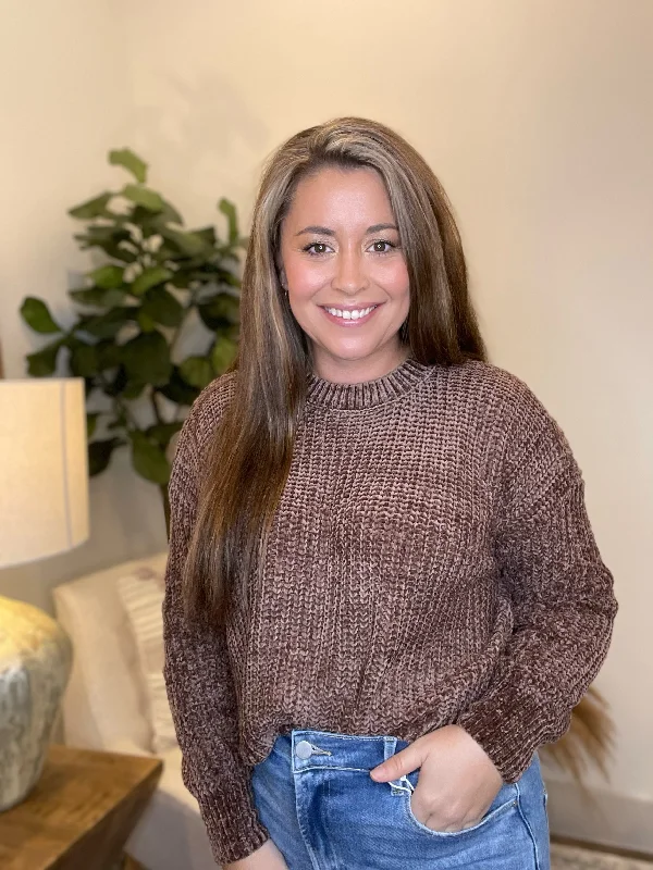 The Chenille Cropped Sweater (Brown) Plaid Sweater Polka Dot Checkered