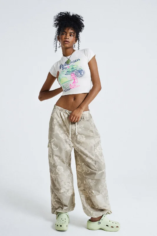 Hibiscus Bloom Parachute Cargo Pants Relaxed Linen Pants