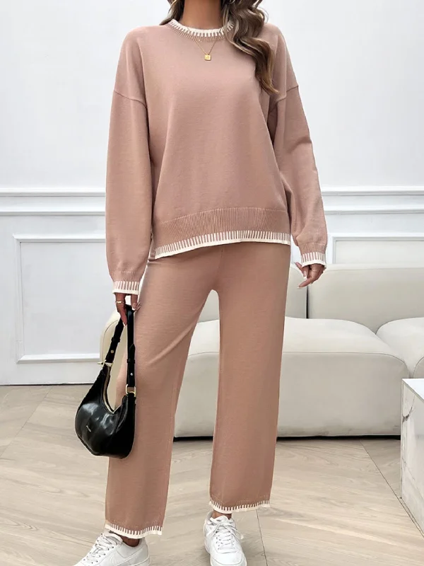 Round Neck Dropped Shoulder Top and Pants Sweater Set Hooded Caped Shawl Collar