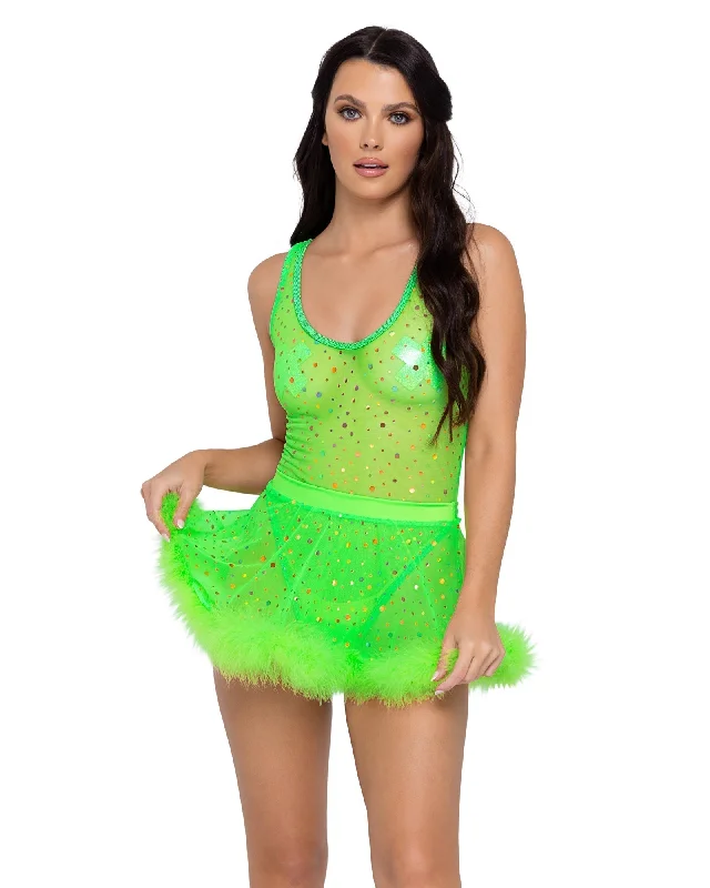 Sheer Dotted Skirt with Marabou Trim zip skirt side