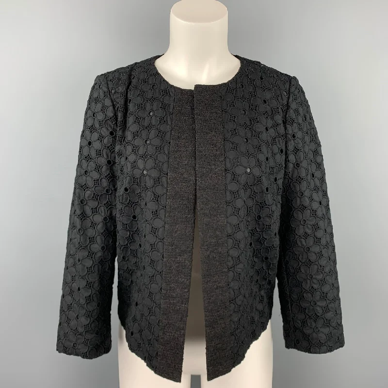 GIAMBATTISTA VALLI Size M Black Eyelet Cotton Open Front Jacket Chenille Jacket Brocade Jacket Lace Jacket
