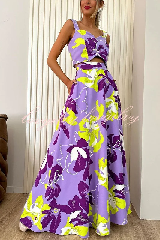 Stylish Floral Print Sling Top and Large Hem Pockets Maxi Skirt Set vintage skirt charm