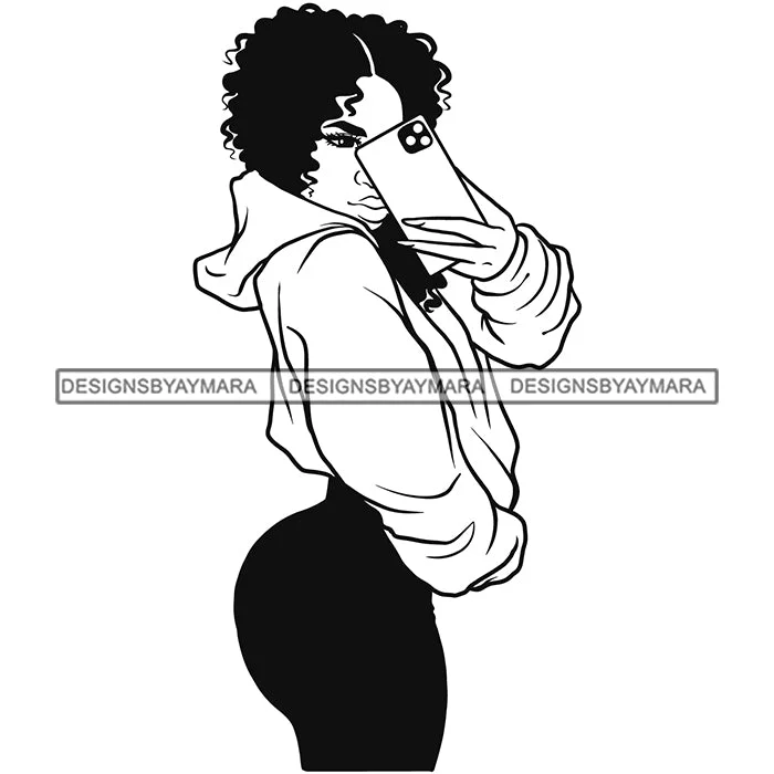 Sexy Afro Woman Taking Sideway Selfie Big Butt Curvy Sweater Melanin Morena Bella Afro Puff Kinky Hair Designs For T-Shirt and Other Products SVG PNG JPG Cutting Files For Silhouette Cricut and More! Front Pockets Side Pockets Patch Pockets