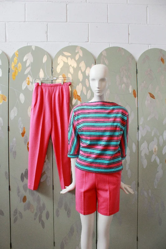 Vintage 1960s Pink 3 Piece Set, Shorts, Pants And Striped Top, XS Modern Bootcut Pants