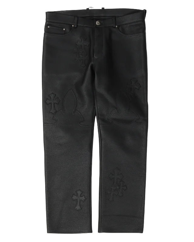 Fleur Knee Leather Cross Patch Pants Classic Chino Pants