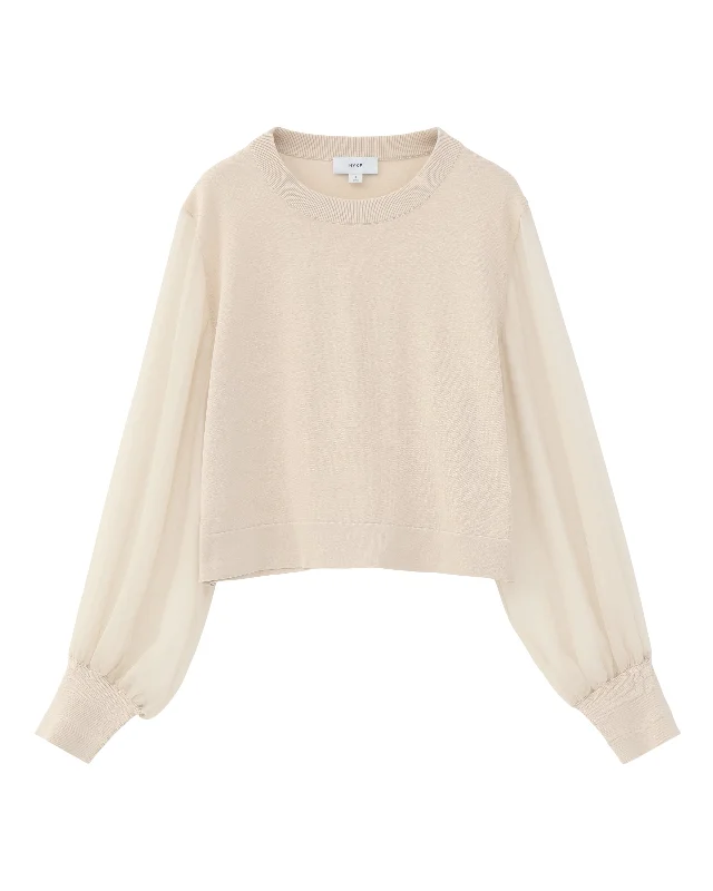 CREW NECK CROPPED SWEATER WITH SHEER SLEEVE 11387 Elegant Classic Vintage