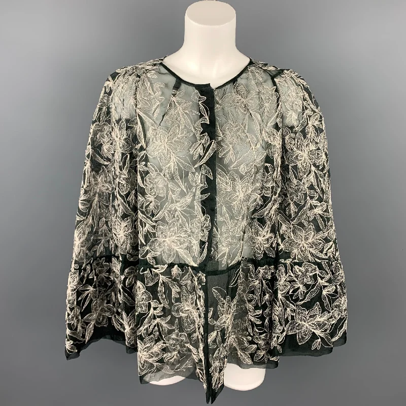 DRIES VAN NOTEN Size 6 Silver & Black Embroidered Silk Jacket A-Line Jacket Boat Neck Shawl Collar DRIES VAN NOTEN Size 6 Silver & Black Embroidered Silk Jacket A-Line Jacket Boat Neck Shawl Collar