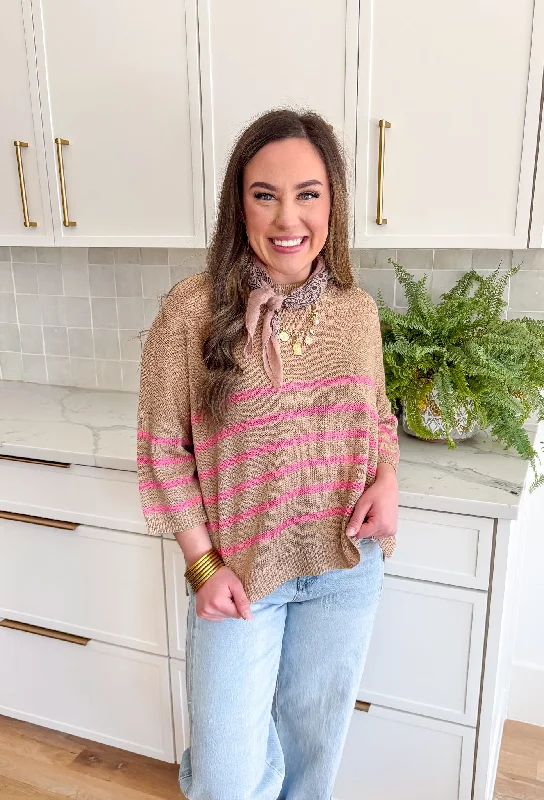 Sweet Mocha Striped Sweater Collared Crew Neck Turtle Neck