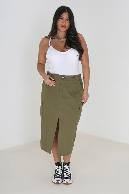 KHAKI PLUS SIZE CARGO STYLE DENIM MIDI SKIRT spandex blend skirt